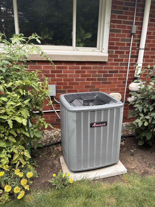 Returned for diagnostic evaluation after initial maintenance visit identified completely frozen evaporator coil. Unit was previously shut down to allow proper thawing before completing diagnosis. Assessed Amana outdoor condensing unit and indoor electrical panel configuration to determine root cause of freezing condition and provide replacement estimate. Maintenance service remains incomplete pending customer decision on equipment replacement versus repair options.