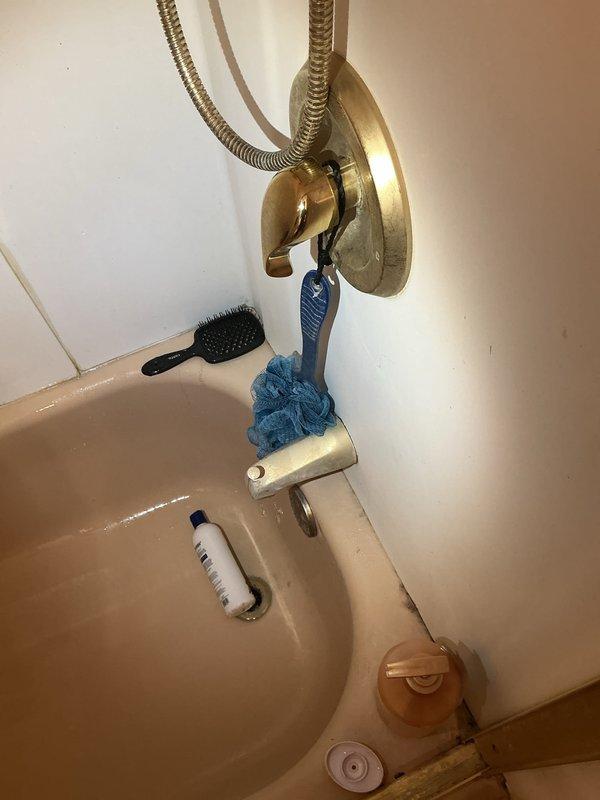 Completed plumbing membership maintenance visit and comprehensive inspection of bathroom fixtures and components. Evaluated toilet water supply line condition, noting braided metal flex line with wall-mounted shut-off valve functioning properly, and assessed floor tile condition around toilet base with visible wear and grout discoloration requiring future attention. Inspected bathtub and sink fixtures including shower assembly, handheld shower unit with wall-mounted holder, and drain assemblies, confirming all components operational with no active leaks detected at time of visit.