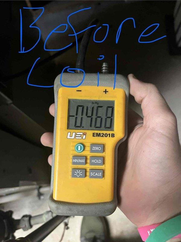 Returned to property to perform system airflow balance as previously sold. Utilized digital manometer (UEI EM201B) to measure static pressure readings in inches of water gauge before the coil and at additional test points throughout the HVAC system. Adjusted airflow parameters to achieve proper system balance and optimal performance. Documentation photos captured of pressure measurements during balancing procedure.
