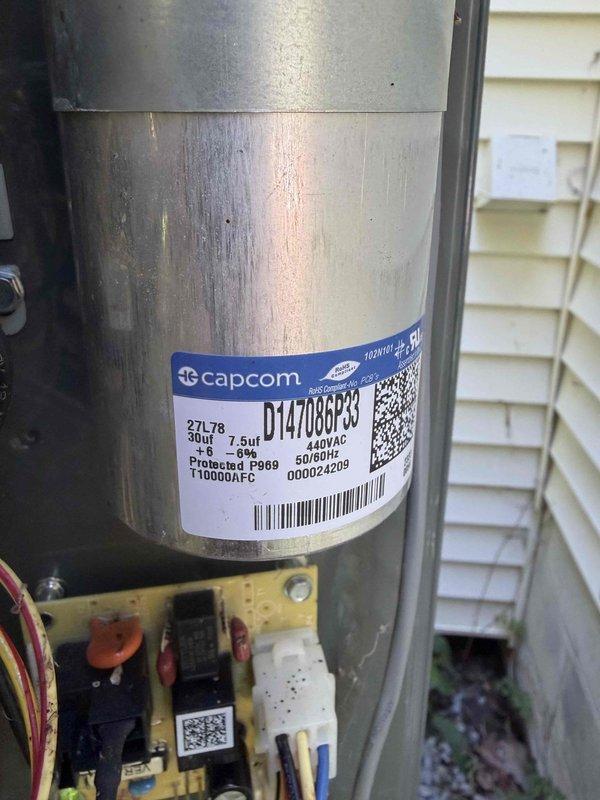 Completed HVAC club membership renewal and maintenance inspection. Investigated customer concern regarding excessive system noise from air handler. Performed diagnostic testing of electrical components, measuring voltage and capacitance levels with multimeter. Inspected dual-run capacitor showing visible moisture accumulation on exterior surface, which can indicate potential seal degradation or environmental exposure concerns. Documented equipment condition with photos for service records.