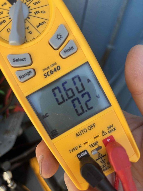 Completed cooling maintenance for club member on air handler unit. Performed electrical diagnostics using digital multimeter, recording voltage readings of 60V and 2V on system components. Conducted amperage calculations to verify proper electrical load, measuring 0.60 amps with total system draw of 2,652 watts across 321-volt circuit, resulting in 4.96 amp draw. All electrical parameters found within manufacturer specifications. Unit operating normally upon completion of maintenance inspection.