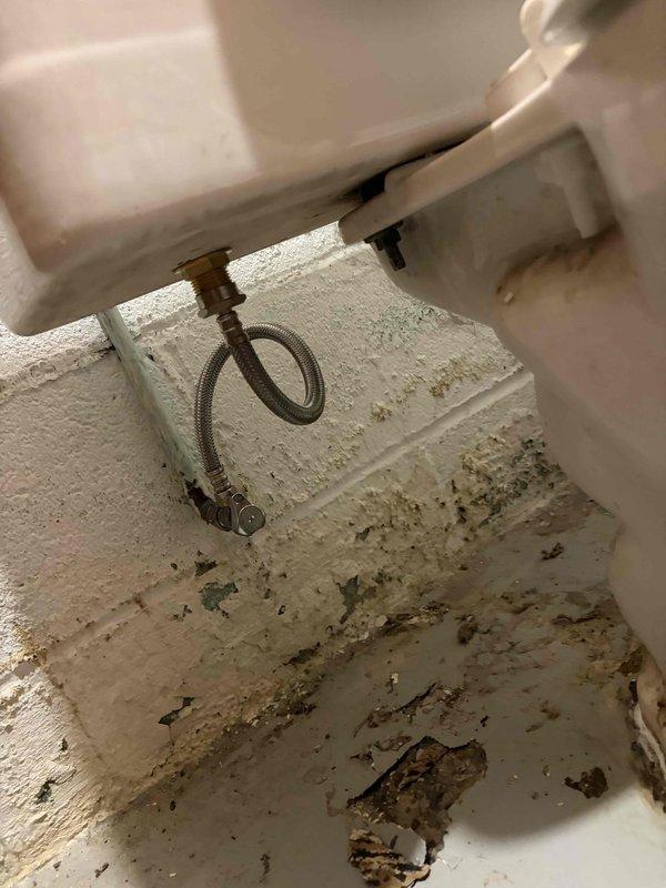 Returned to complete previously sold repair work on basement toilet experiencing continuous running and tank filling issues. Assessed plumbing connections and water supply line at toilet installation point. Due to ongoing water flow problems, advised customer to contact Cleveland Water regarding potential supply line or pressure issues beyond the fixture itself. Ordered necessary materials for repair completion. Documentation photos captured water supply connection and toilet tank components showing wall deterioration around plumbing area.