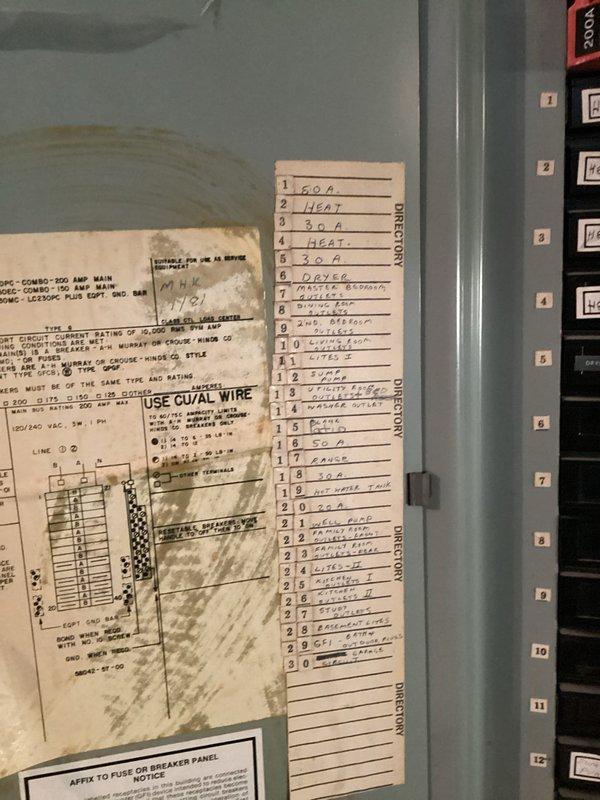 Conducted site assessment for complete HVAC system replacement at residential property. Existing system installed in 2008 with no current operational issues reported. Documented electrical infrastructure including main breaker panel configuration, circuit allocations for heating system, and existing electrical capacity to determine compatibility requirements for new equipment installation. Photographed circuit breaker panel showing dedicated heating circuits on positions 1-4, along with other major appliance circuits including dryer, range, water heater, and water pump. Reviewed panel wiring diagram and circuit directory to assess electrical specifications and available capacity for proposed HVAC system upgrade. Assessment completed to provide accurate equipment sizing recommendations and installation quote for eighteen-year-old system replacement.