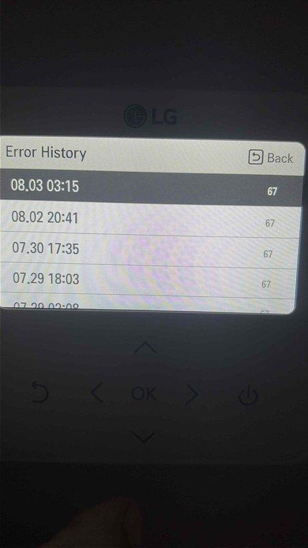 Responded to service call for air handler with repeated breaker tripping issues. Upon arrival, accessed LG control panel and reviewed error history, which revealed multiple CH 67 error codes occurring consistently over several days (07/20 through 08/03). Error code 67 indicates a compressor communication fault or system malfunction. Diagnosed the recurring fault pattern as the root cause of the electrical overload condition requiring repeated breaker resets. Provided customer with repair options and recommendations to resolve the CH 67 error and restore normal system operation.