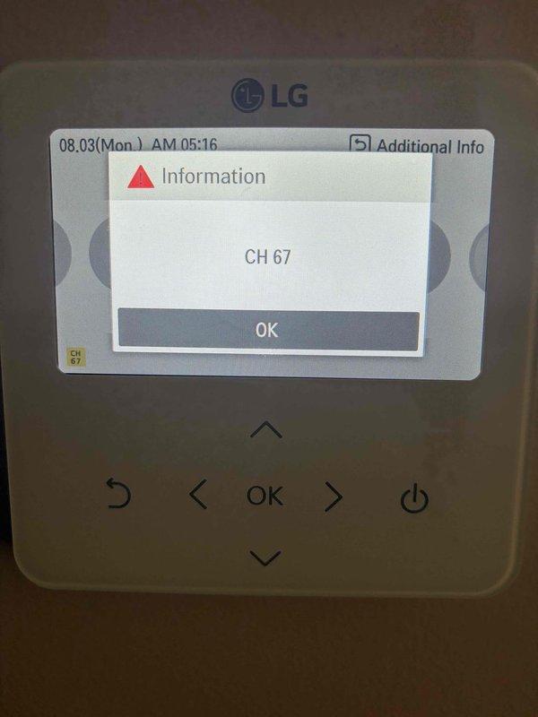 Responded to service call for air handler with repeated breaker tripping issues. Upon arrival, accessed LG control panel and reviewed error history, which revealed multiple CH 67 error codes occurring consistently over several days (07/20 through 08/03). Error code 67 indicates a compressor communication fault or system malfunction. Diagnosed the recurring fault pattern as the root cause of the electrical overload condition requiring repeated breaker resets. Provided customer with repair options and recommendations to resolve the CH 67 error and restore normal system operation.