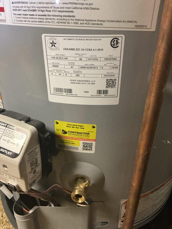 Completed plumbing membership visit and inspection of 40-gallon natural gas water heater (State Industries model GSE-40-BCS 400). Verified unit specifications, examined copper piping connections, and documented equipment condition with all labels and certification markings intact. Conducted humidity readings in adjacent area, recording levels at 69.90% and 58.05% RH to assess environmental conditions around plumbing fixtures.