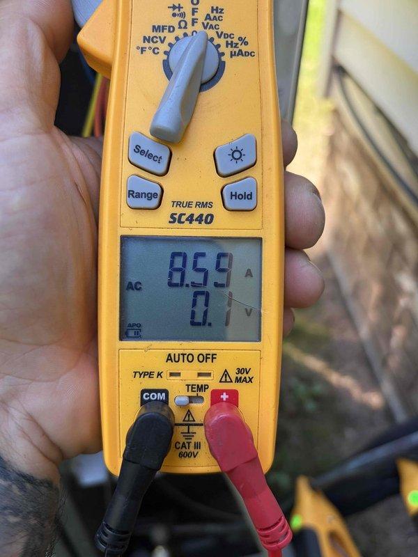 Completed scheduled cooling maintenance member visit on HVAC system. Performed electrical diagnostics using digital multimeter, measuring voltage at 43.49V at control panel and verifying amperage draw at 8.59A with 0.7V secondary reading. Inspected wiring connections, circuit breakers, and control board components within equipment cabinet to ensure proper system operation and safety compliance.