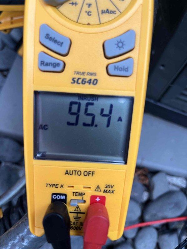 Completed cooling maintenance member visit on HVAC system. Inspected evaporator coil and heat exchanger fins, noting dust accumulation on surfaces. Measured system amperage at 95.4A during diagnostic testing to verify proper electrical operation.