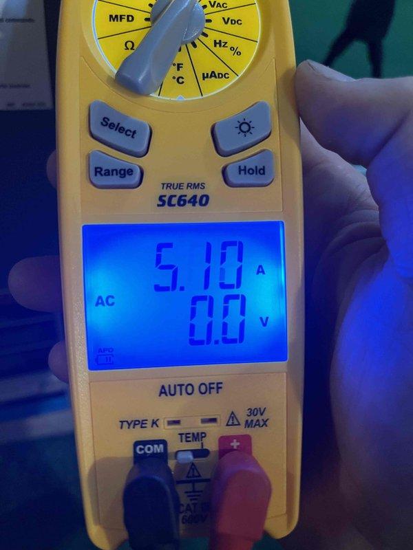Completed prepaid cooling maintenance visit for air handler system. Performed electrical diagnostics using clamp meter, recording amperage draw of 5.10A and voltage readings of 0.71A/0.3V to verify proper system operation and component functionality. All measurements within normal operating parameters for equipment.
