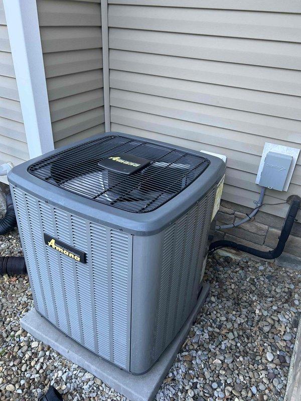 Responded to no cooling call on Amana condensing unit installed in 2020. Upon arrival, performed electrical diagnostics using multimeter to test capacitor functionality. Measured voltage and capacitance values on the dual run capacitor, which showed failed readings of 00.05, indicating capacitor failure. Replaced defective capacitor with properly rated replacement component, verified all electrical connections, and confirmed system returned to normal cooling operation with proper compressor and fan motor function.