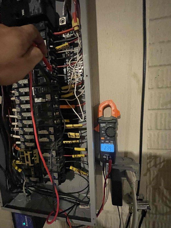 Responded to no water condition following power restoration. Diagnosed well pump system and verified pressure switch operation showing 79 PSI system pressure with pump in sleep mode. Checked electrical panel and measured 23.9 amp draw to confirm proper power supply to pump control system. System restored to normal operation with adequate water pressure throughout property.