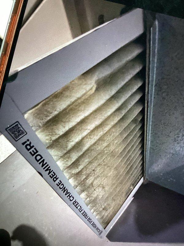 Responded to no-cool complaint on aging residential air conditioning system. Upon inspection, found heavily clogged air filter restricting airflow and preventing proper system operation. Inspected control board and electrical components for additional issues. Replaced dirty filter and verified proper fan motor operation and system functionality. Unit restored to normal cooling operation.