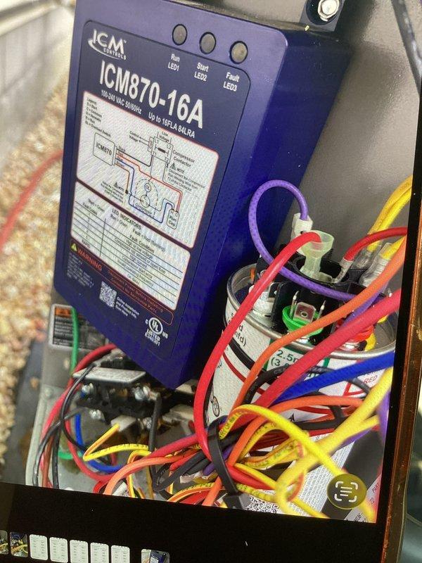 Responded to no cooling complaint on residential HVAC system. Upon arrival, confirmed unit was running but not producing cold air with no visible ice formation on equipment. Diagnosed failed compressor control module and replaced defective ICM870-16A single board VAC control module. Verified proper wiring connections to capacitors and all electrical components, tested system operation with all three LED indicators functioning correctly, and confirmed unit restored to normal cooling operation.