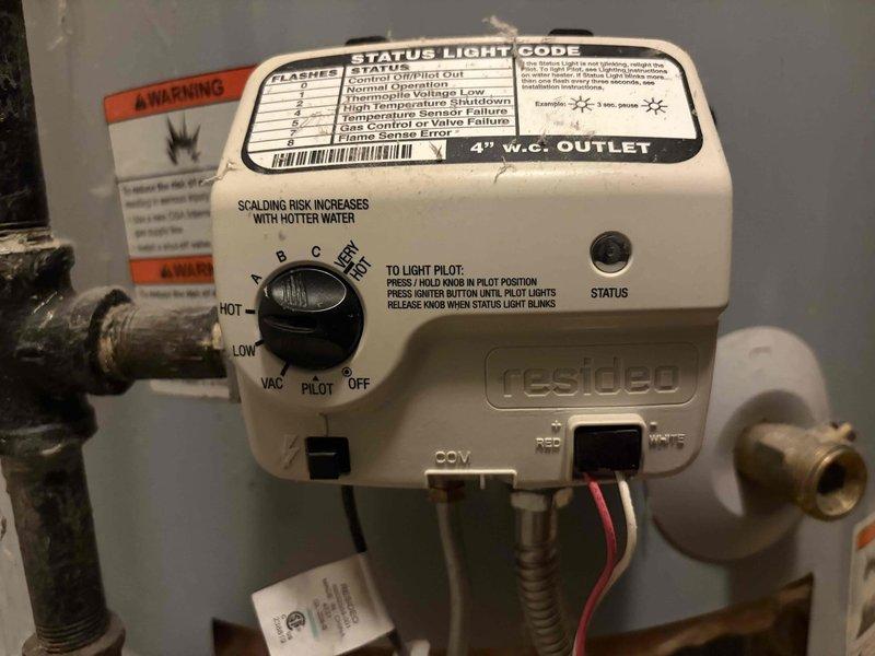 Responded to a service call for a 40-gallon gas water heater with pilot light failure. Diagnosed faulty gas control valve (Resideo brand) preventing pilot from staying lit. Replaced the defective gas control valve and successfully tested pilot ignition and burner operation to restore hot water service.