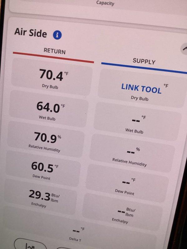 Completed routine AC tune-up maintenance on three air handling units of varying ages (3 years, 9 years, and one unspecified). Performed standard preventive maintenance procedures including system diagnostics, temperature and humidity measurements on return and supply air sides, and visual equipment inspection. Return air measurements recorded at 70.4°F dry bulb with 70.9% relative humidity. Documented component conditions with photographic evidence, noting corrosion present on capacitor terminal connections. All three systems operating properly with no immediate service needs identified at time of visit.