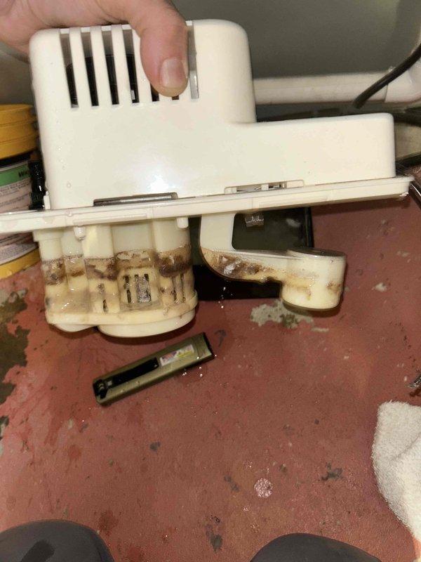 Responded to non-functional condensate pump on air conditioning system. Upon inspection, found pump mechanism heavily contaminated with mineral deposits and biological buildup causing operational failure. Removed and replaced defective condensate pump assembly and cleaned drip pan which contained significant sediment accumulation. System tested and verified proper condensate removal operation restored.