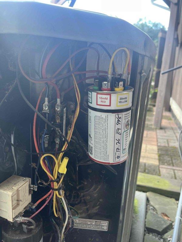 Responded to no-cool call where outdoor unit would not turn on. Upon inspection, found dual capacitor showing significant rust and corrosion on terminals. Removed failed capacitor and replaced with new unit matching proper specifications. Restored power to system, verified compressor and condenser fan operation, and confirmed unit cooling properly.