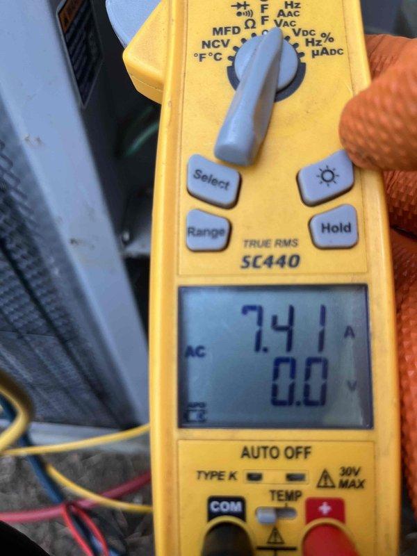 Completed routine cooling maintenance member visit. Performed system inspection and electrical diagnostics, measuring compressor amperage at 7.41A using digital multimeter to verify proper operation within manufacturer specifications. All equipment operating normally with no issues identified during preventative maintenance check.