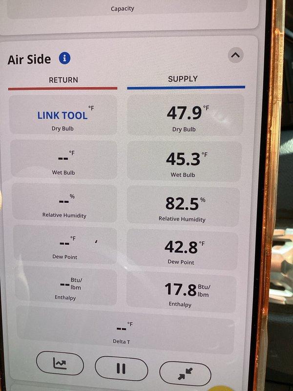 Completed air conditioning tune-up on air handler unit. Performed temperature diagnostics using calibrated digital multimeter, recording ambient conditions and verifying proper system operation. Measured supply air temperatures showing 47.9°F dry bulb with 82.5% relative humidity and 42.8°F dew point, indicating adequate cooling performance and proper refrigerant charge. System operating within normal parameters with no deficiencies noted.