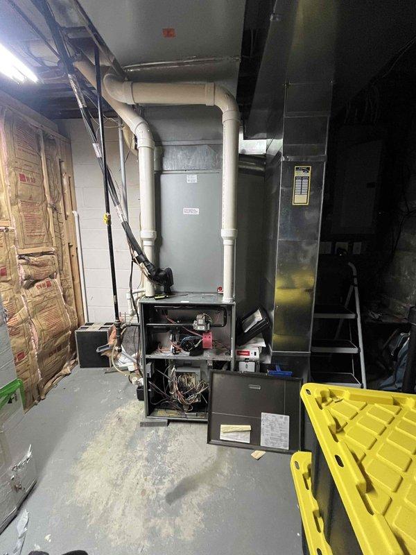 Responded to call regarding blower motor running erratically on 2007 Rheem HVAC system. Upon inspection, diagnosed failed blower motor bearings causing uncontrolled fan operation. Removed and replaced complete blower assembly including motor and squirrel cage fan wheel due to bearing failure and excessive wear. System tested and restored to normal operation with proper airflow and quiet performance.