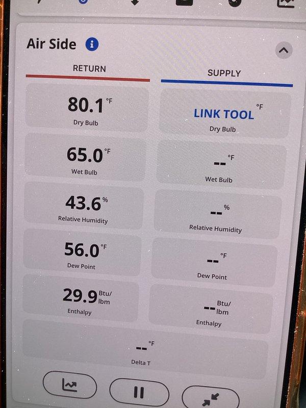 Completed comprehensive heating and cooling maintenance club visit on air handler system. Performed diagnostic testing using digital HVAC diagnostic tools to measure return air conditions, recording dry bulb temperature of 80.1°F, wet bulb of 65.0°F, relative humidity at 43.6%, dew point of 56.0°F, and enthalpy of 29.9 Btu/lbm. Verified electrical system operation and measured line voltage at 123V using digital multimeter to ensure proper power supply to unit.