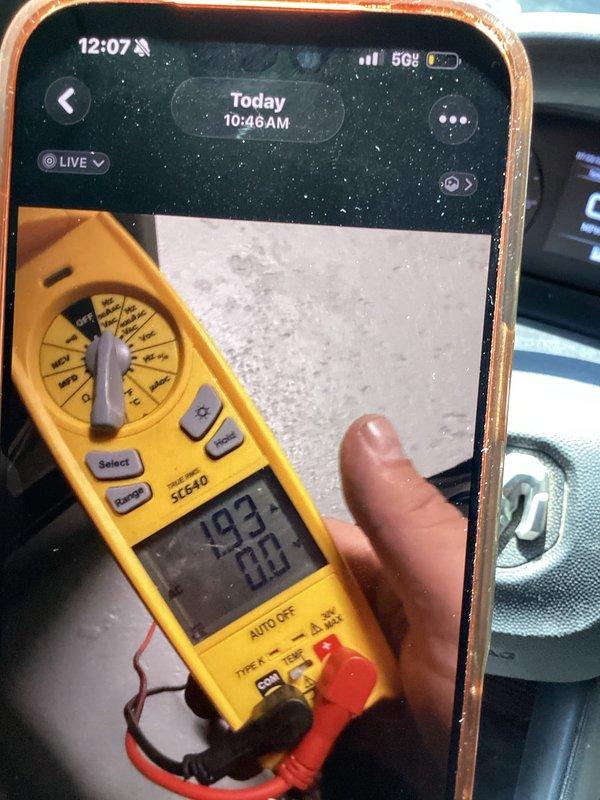 Completed comprehensive heating and cooling maintenance club visit on air handler system. Performed diagnostic testing using digital HVAC diagnostic tools to measure return air conditions, recording dry bulb temperature of 80.1°F, wet bulb of 65.0°F, relative humidity at 43.6%, dew point of 56.0°F, and enthalpy of 29.9 Btu/lbm. Verified electrical system operation and measured line voltage at 123V using digital multimeter to ensure proper power supply to unit.