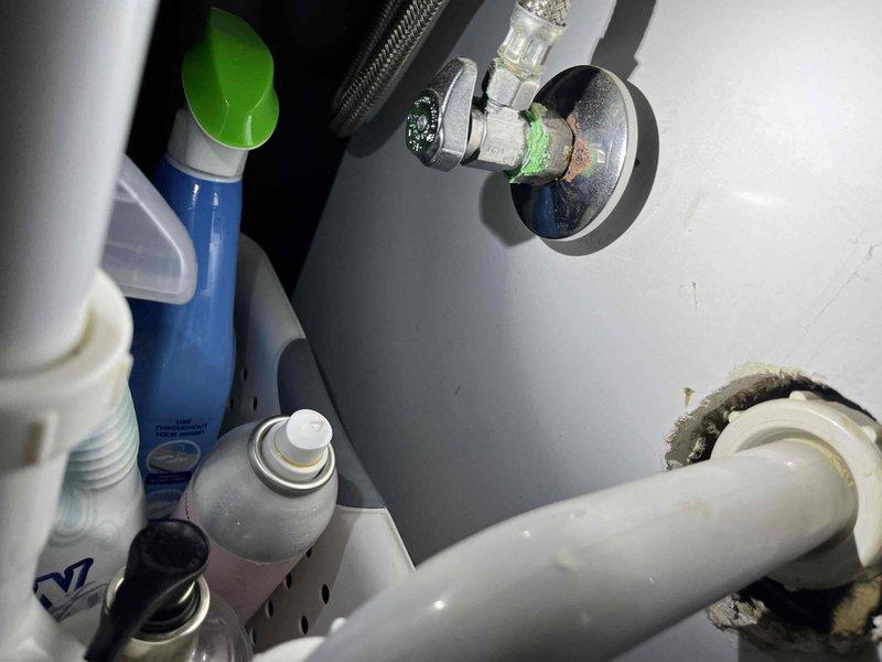 Completed routine plumbing maintenance inspection of under-sink cabinet area. Examined water supply valve, braided supply lines, and PVC drainage system for leaks, proper connections, and overall condition. All plumbing components found to be functioning properly with no active leaks or immediate concerns noted.