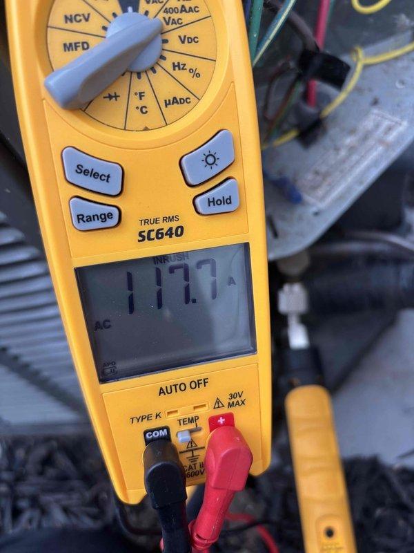 Performed routine cooling maintenance member visit on air handler system. Inspected and tested dual run capacitor, which showed signs of corrosion and oxidation on terminal connections; verified electrical readings at 177.1 volts using clamp meter to ensure proper system operation. All refrigerant line connections and electrical components were evaluated for performance and safety compliance during this scheduled maintenance inspection.