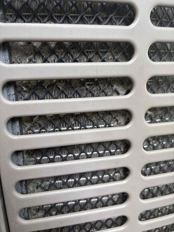 Responded to service call for water leaking from furnace. Upon inspection, identified condensate drainage issue related to the air handler unit. Documented existing conditions including heavily soiled return air filter with significant dust and debris accumulation on mesh screen, which was restricting proper airflow. Inspected plumbing connections at water heater vicinity showing PVC condensate line with shutoff valve. Addressed water leak concern and verified proper drainage function. Captured photographic documentation of filter condition and plumbing components for service records.