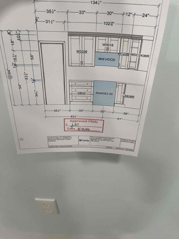 Completed return visit for gas line installation to stove. Performed pressure test on gas line piping using gauge to verify system integrity and proper operation, with readings indicating secure connections and no leaks. Verified installation against approved kitchen layout plans showing range location and cabinet configuration to ensure compliance with specifications.