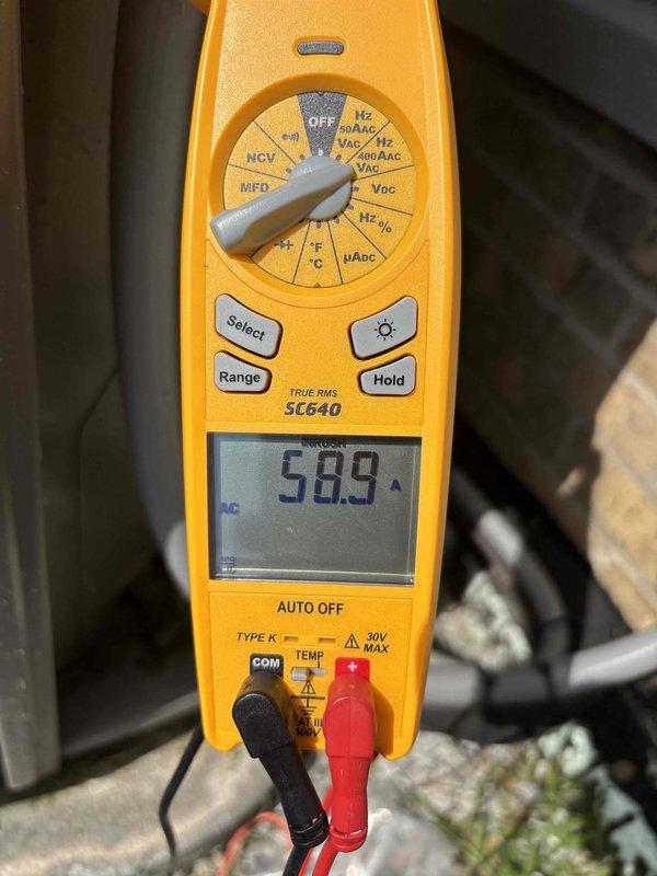 Completed routine cooling maintenance member visit on air handler system. Performed electrical diagnostics and measured amperage draw at 58.9 amps using calibrated multimeter to verify compressor and blower motor performance within manufacturer specifications.