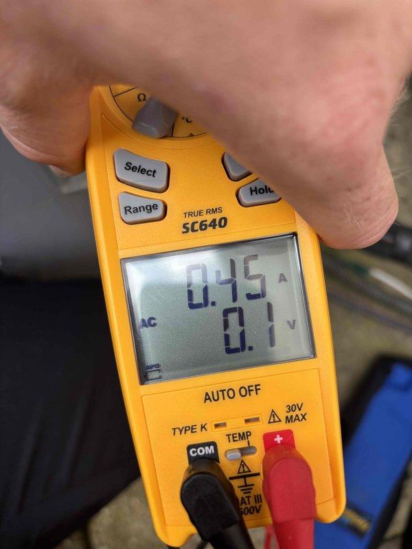 Completed cooling maintenance club visit on air handler system. Performed electrical diagnostics using digital multimeter, recording amperage draw of 0.45A and voltage reading of 0.1V on system components. Conducted standard preventive maintenance procedures including inspection of electrical connections, motor operations, and overall system performance. Documented measurements and calculated operational parameters to verify equipment is functioning within manufacturer specifications. All components inspected and found operating properly. System left in good working condition.