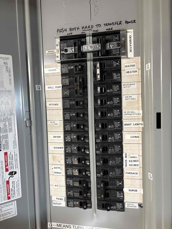 Responded to no water call and diagnosed pressure tank at zero PSI. Verified well pump circuit breaker status and electrical supply to well system. Documented existing electrical panel configuration showing well pump circuit and generator transfer switch setup for customer records.