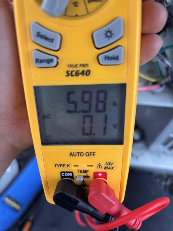 Completed cooling maintenance club visit on air handler unit. Performed electrical diagnostics using digital multimeter, recording amperage draw of 598A and voltage reading of 0.1V on system components. Inspected and evaluated pleated air filter, which showed acceptable condition with minimal dust accumulation. Filter media and frame secured properly with mounting straps intact. All routine maintenance procedures completed per membership agreement specifications.