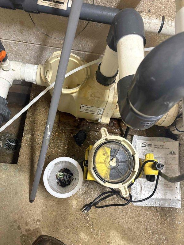Completed winterization service for residential swimming pool system. Disassembled and drained pump housing, impeller assembly, and filter basket to remove all water and prevent freeze damage. Inspected internal pump components for wear and verified proper operation of filtration system prior to shutdown for winter season.