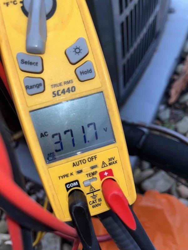 Completed routine cooling maintenance member visit on air handler system. Performed electrical diagnostics using multimeter, recording voltage reading of 377.17V AC and amperage draw of 0.2A to verify proper system operation and electrical performance within manufacturer specifications.