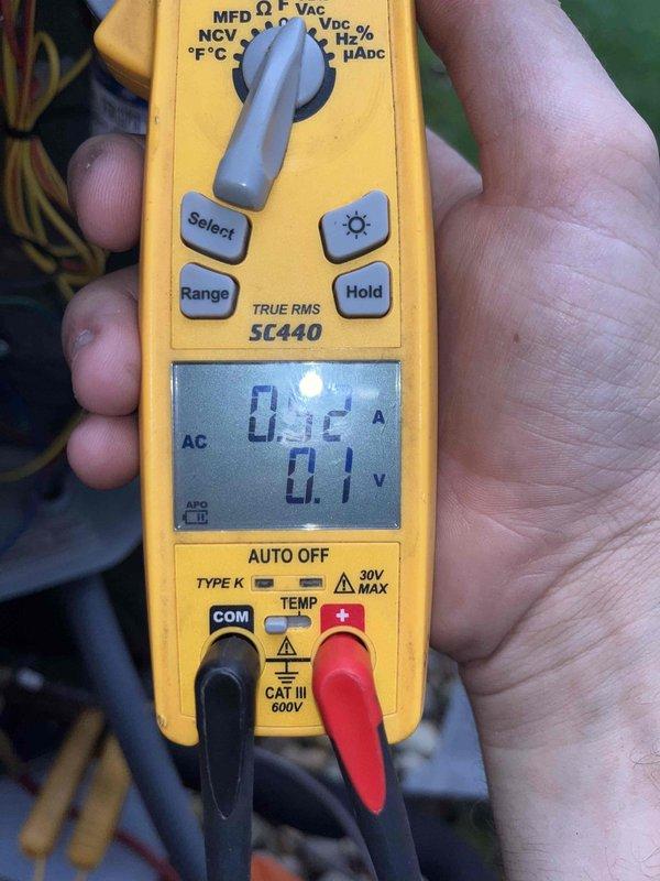 Completed routine cooling maintenance member visit on air handler system. Performed electrical diagnostics using multimeter, recording voltage reading of 377.17V AC and amperage draw of 0.2A to verify proper system operation and electrical performance within manufacturer specifications.