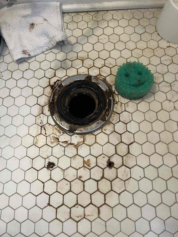 Responded to service call for deteriorating toilet mounting bolts. Upon inspection, found the closet bolts severely corroded and compromised due to prolonged water exposure, evidenced by extensive rust staining on the hexagonal tile flooring surrounding the toilet base. Removed and replaced the failed mounting hardware to restore proper toilet stability and prevent potential leaks or fixture failure. Addressed water damage indicators on floor surface around drain area.