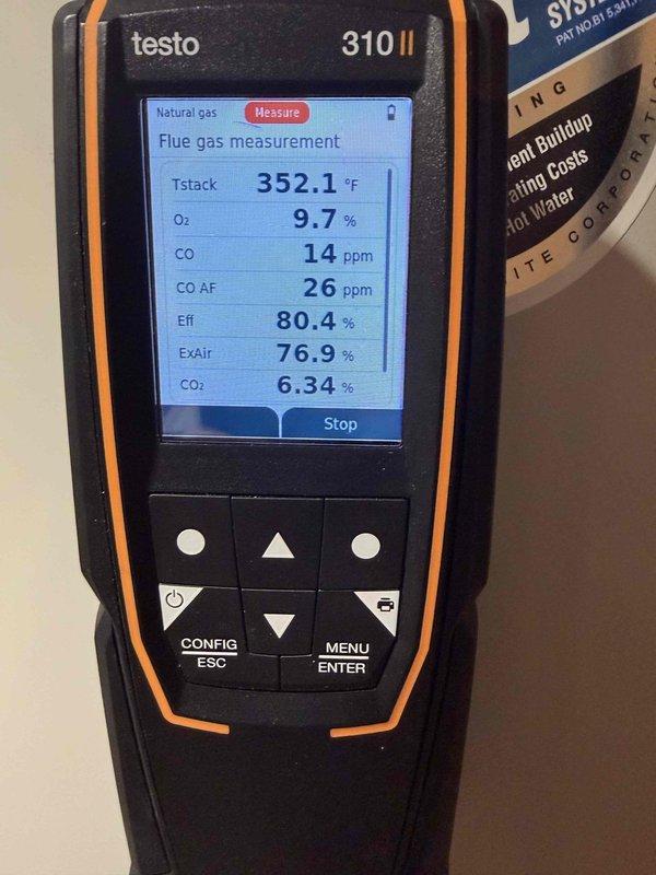 Completed heating club membership renewal and performed comprehensive air handler maintenance inspection. Conducted combustion analysis using flue gas analyzer, recording stack temperature of 352.1°F, oxygen level of 9.7%, carbon monoxide at 14 ppm, and combustion efficiency at 80.4%. Measured system amperage at 0.29A using clamp meter to verify proper electrical operation. All readings within acceptable parameters for safe and efficient heating system operation.