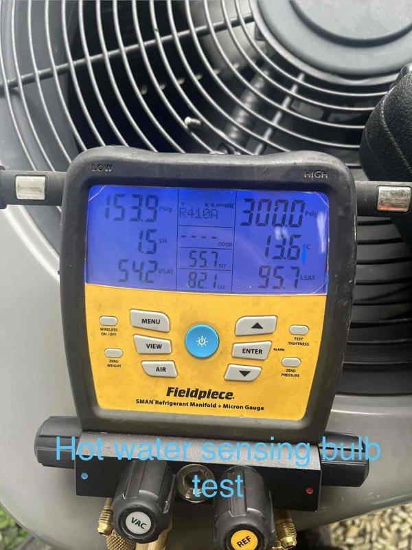 Returned to property to perform dye and search service on refrigerant system following appropriate wait period from initial dye injection. Utilized digital manifold gauge set to measure system pressures and temperatures, confirming refrigerant charge levels and verifying superheat and subcooling readings. Conducted thorough visual inspection of refrigerant lines, coils, and connections using UV detection equipment to identify any refrigerant leaks that would fluoresce under UV light. System operational parameters were within normal range during testing, and all findings were documented with photographic evidence for service records.