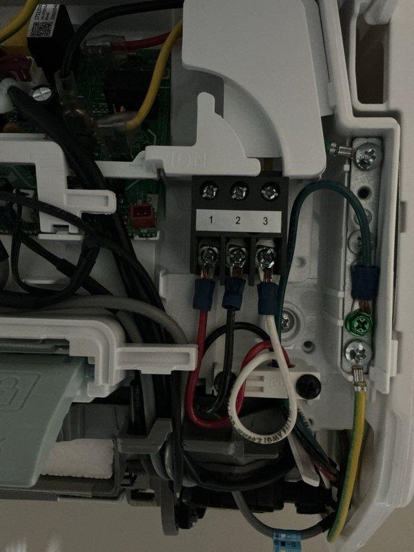 Returned to site to complete mini-split system startup and commissioning. Verified all electrical connections at the terminal block, including power supply wiring (L1, L2) and control circuit connections, ensuring proper voltage distribution and secure terminations. Confirmed system energized successfully with all components operating within manufacturer specifications.