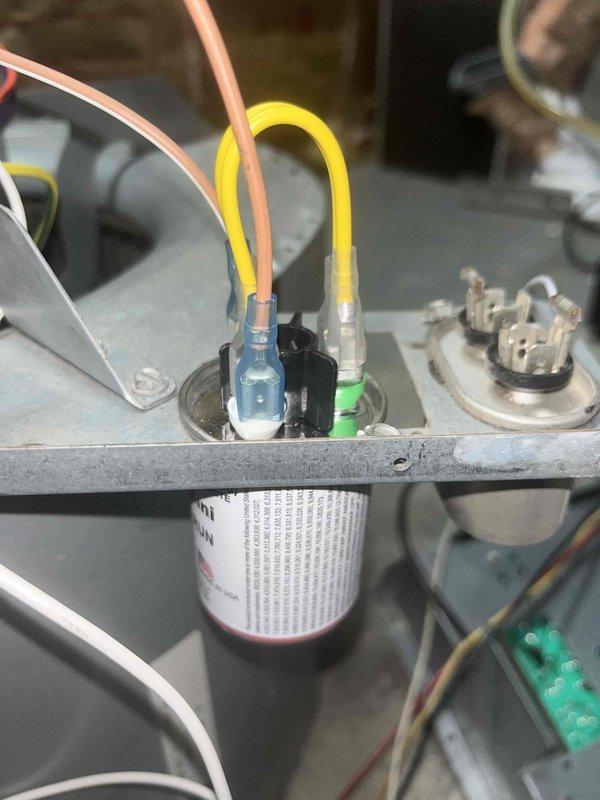Completed blower motor replacement on HVAC system per previously sold estimate. Removed failed blower motor assembly, disconnected all electrical connections including wire terminals and capacitor wiring, installed new replacement motor with proper mounting and secure electrical connections, and tested system operation to verify proper functionality.