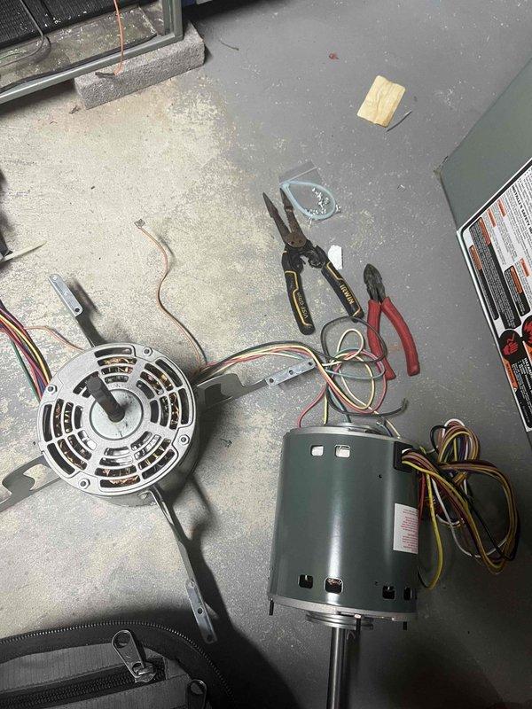 Completed blower motor replacement on HVAC system per previously sold estimate. Removed failed blower motor assembly, disconnected all electrical connections including wire terminals and capacitor wiring, installed new replacement motor with proper mounting and secure electrical connections, and tested system operation to verify proper functionality.