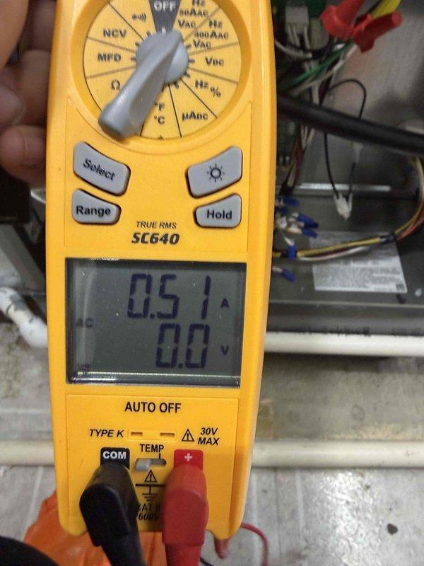 Completed heating season startup and inspection on air handler unit. Verified electrical connections, tested amperage draw showing 0.51A on blower motor, and confirmed all control boards and safety circuits functioning properly. Unit operational and ready for heating season.
