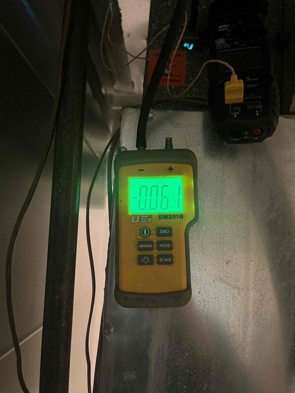 Responded to heating maintenance call regarding paint odor from recently installed furnace system. Performed comprehensive safety inspection of air handler and heating unit to address customer concerns about potential hazardous fumes. Inspected and documented condition of air filter, which showed significant dust and debris accumulation that could contribute to odor issues. Conducted carbon monoxide testing using calibrated digital meter, confirming safe levels at 0.06 reading with no dangerous gas present in system operation.