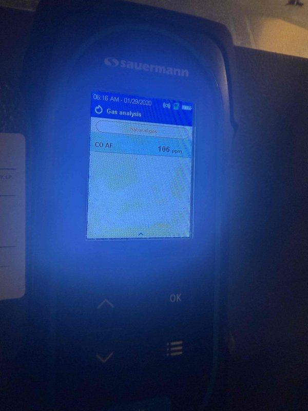 Completed heating maintenance and combustion analysis on gas-fired heating equipment. Performed comprehensive gas analysis testing using calibrated Sauermann analyzer, recording carbon monoxide levels at 76-106 ppm, oxygen content at 6.07%, and carbon dioxide at 8.32%. All combustion readings documented and system operating within acceptable parameters.