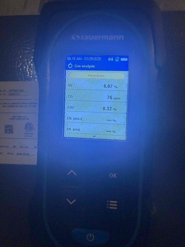 Completed heating maintenance and combustion analysis on gas-fired heating equipment. Performed comprehensive gas analysis testing using calibrated Sauermann analyzer, recording carbon monoxide levels at 76-106 ppm, oxygen content at 6.07%, and carbon dioxide at 8.32%. All combustion readings documented and system operating within acceptable parameters.