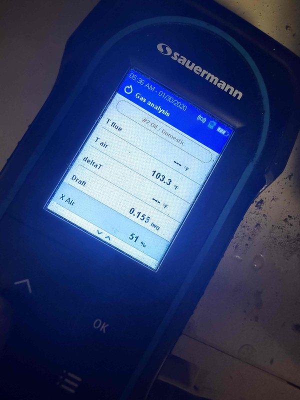 Completed heating maintenance club visit on air handler system. Performed comprehensive diagnostics using combustion analyzer to measure flue gas temperature, temperature differential (103.3°F delta T), excess air (0.15%), and combustion efficiency (51%). Conducted electrical testing with digital multimeter to verify proper voltage and amperage readings on system components. All measurements documented and system found operating within acceptable parameters for continued service.