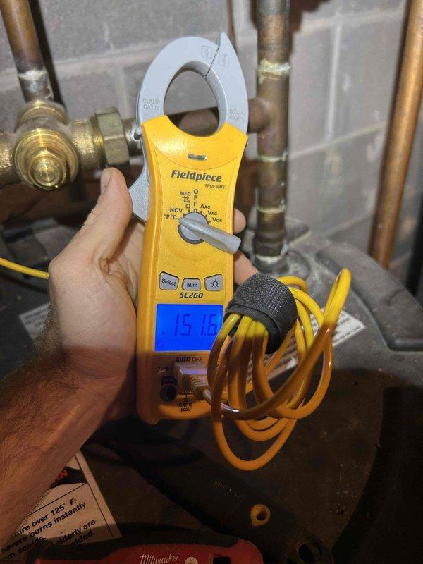Responded to service call for indirect fired water heater experiencing operational issues. Upon arrival, performed diagnostic testing using clamp meter to measure electrical current and verify system performance. Tested and evaluated the existing plumbing connections, copper piping, and brass fittings associated with the unit. Installed thermal mixing valve as specified to regulate water temperature output and ensure safe delivery temperatures. Verified all connections were secure and system was functioning properly before completing the service call.