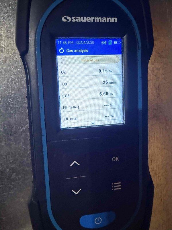 Performed heating maintenance and combustion analysis on gas furnace. Conducted comprehensive gas analysis testing using calibrated combustion analyzer, recording oxygen levels at 9.13%, carbon monoxide at 26 ppm, and carbon dioxide at 6.60%. Inspected internal furnace components including control board, ignition system, and gas valve assembly; verified all electrical connections and wire harnesses were secure and properly terminated.